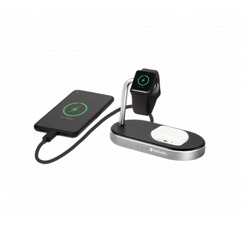 VERBATIM WCS-02 Aluminium 3-in-1 Qi MFi Wireless Ladestation + Apple Watch + QC 3.0