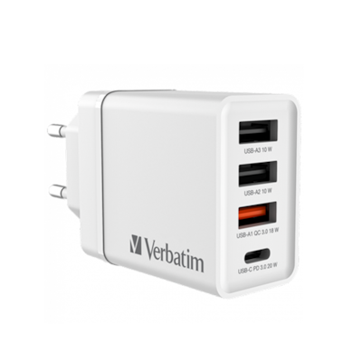 VERBATIM CHR-30EU2 30 W USB Netzladegerät mit 4 Anschlüssen 1 x USB-C® PD 20 W / 1 x USB-A QC 3.0 / 2 x USB-A 10W, weiß
