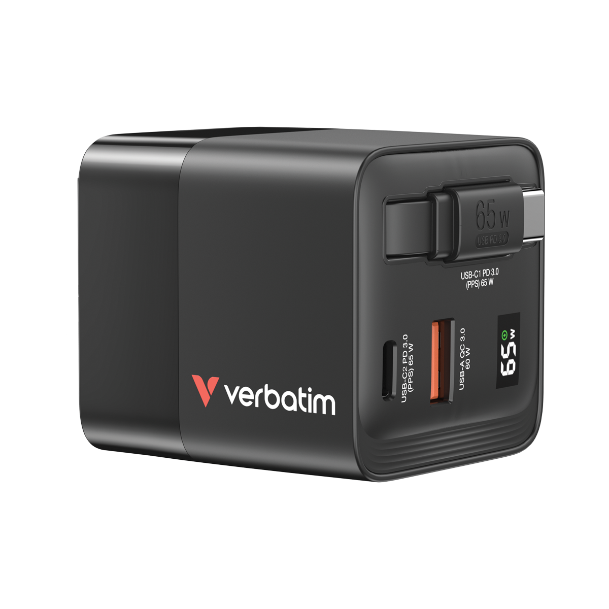 VERBATIM GaN Netzladegärt 65W 2 Anschlüsse US/EU/UK ADP - integriertes einziehbares USB-C Kabel
