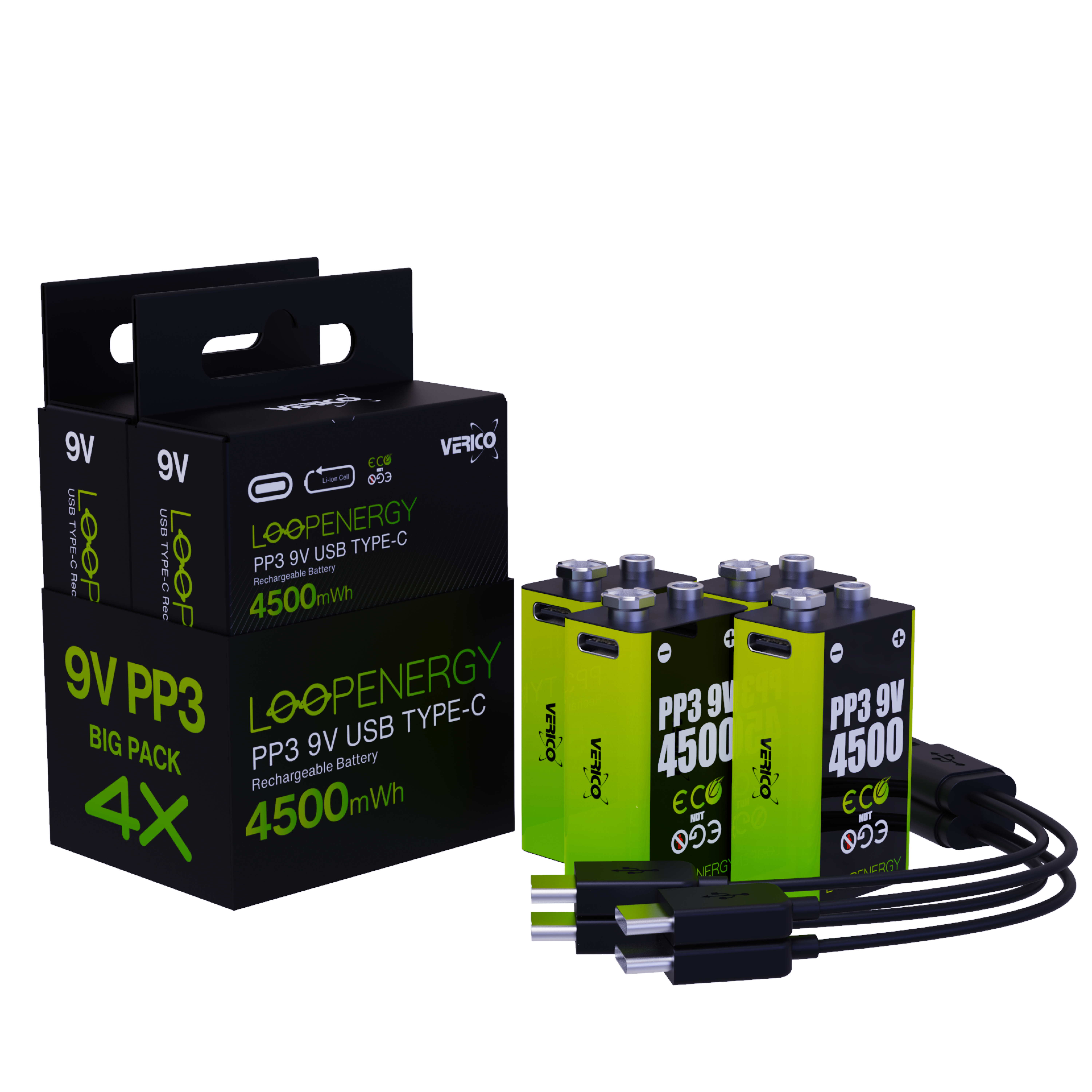 VERICO LoopEnergy 9V Block 4er Pack - PP3, 4500 mWh, Wiederaufladbare USB-C Batterie, Li-Ion, 2 x Ladekabel USB Type A auf 2 x Type C