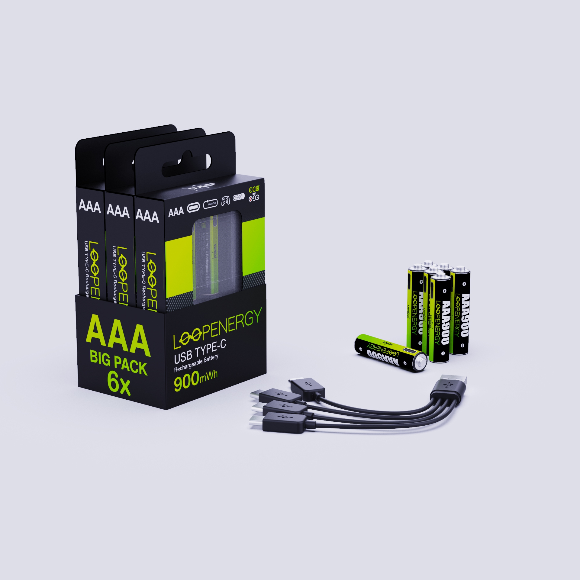 VERICO LoopEnergy 6-Pack AAA - USB Type-C. AAA 1,5V 900mWh 600mAh Li-Ion, 3x2er Pack, enthält 3 Type A zu 2 Type C aufladekabel