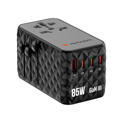 VERBATIM Charge ´n´ Travel Reiseadapter Diamond 85W - integriertes einziehbares USB-C Kabel CNT-02