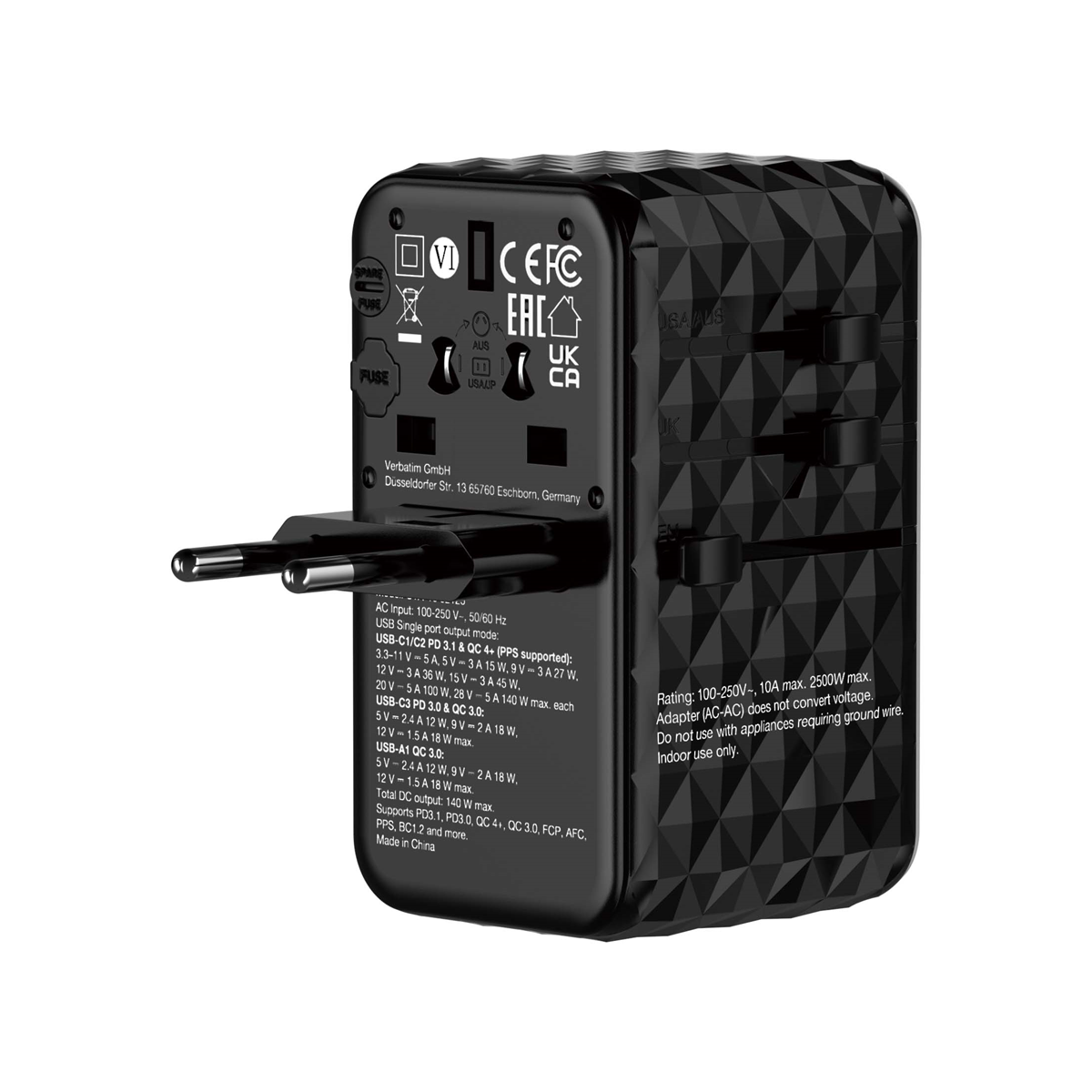 VERBATIM GAN III UNIVERSAL Reiseadapter UTA-10 mit 2 X USB-C PD 140W & QC 4+ / 2 X USB-A QC 3.00 Netzwerk-Adapter Produkt Bild 3