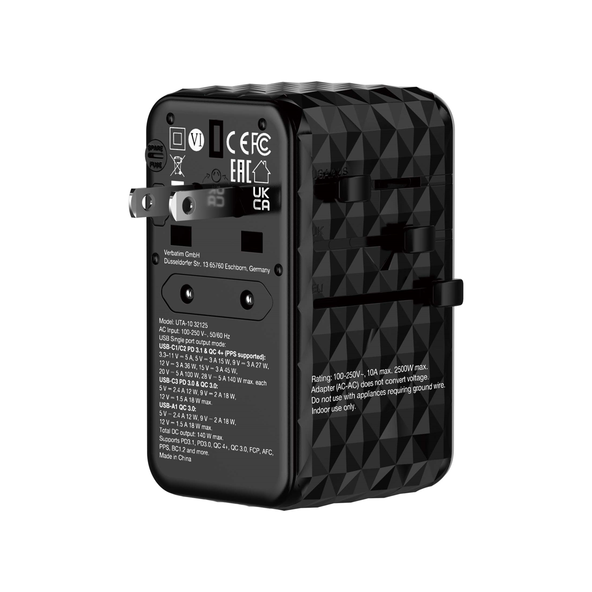 VERBATIM GAN III UNIVERSAL Reiseadapter UTA-10 mit 2 X USB-C PD 140W & QC 4+ / 2 X USB-A QC 3.00 Netzwerk-Adapter Produkt Bild 4