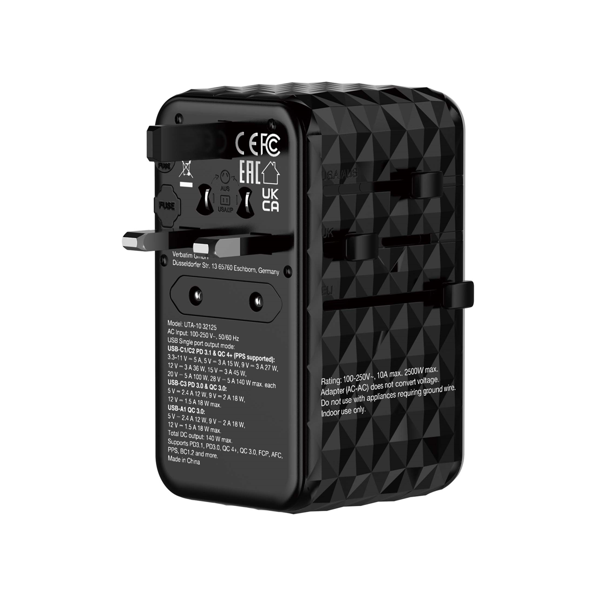 VERBATIM GAN III UNIVERSAL Reiseadapter UTA-10 mit 2 X USB-C PD 140W & QC 4+ / 2 X USB-A QC 3.00 Netzwerk-Adapter Produkt Bild 5