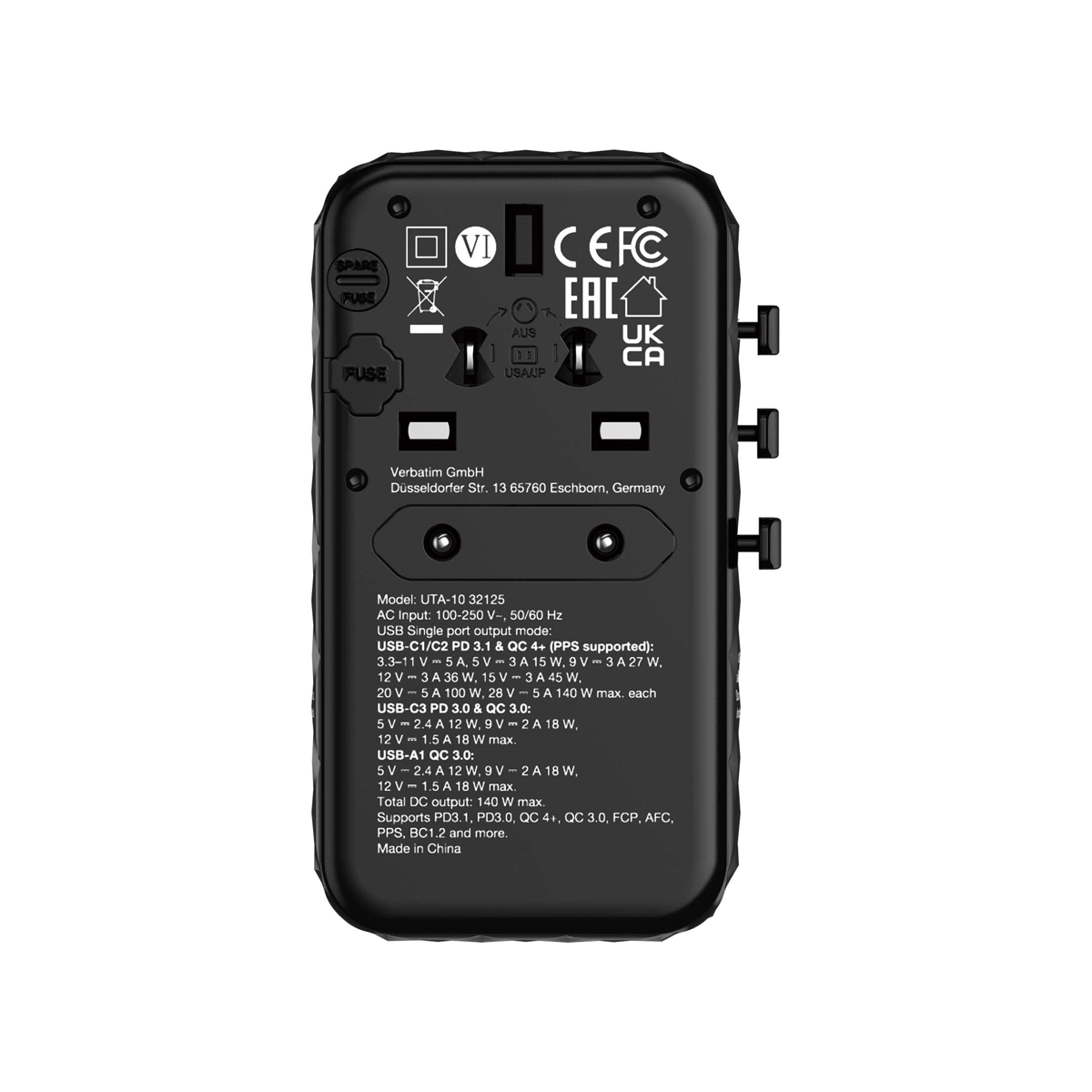 VERBATIM GAN III UNIVERSAL Reiseadapter UTA-10 mit 2 X USB-C PD 140W & QC 4+ / 2 X USB-A QC 3.00 Netzwerk-Adapter Produkt Bild 7