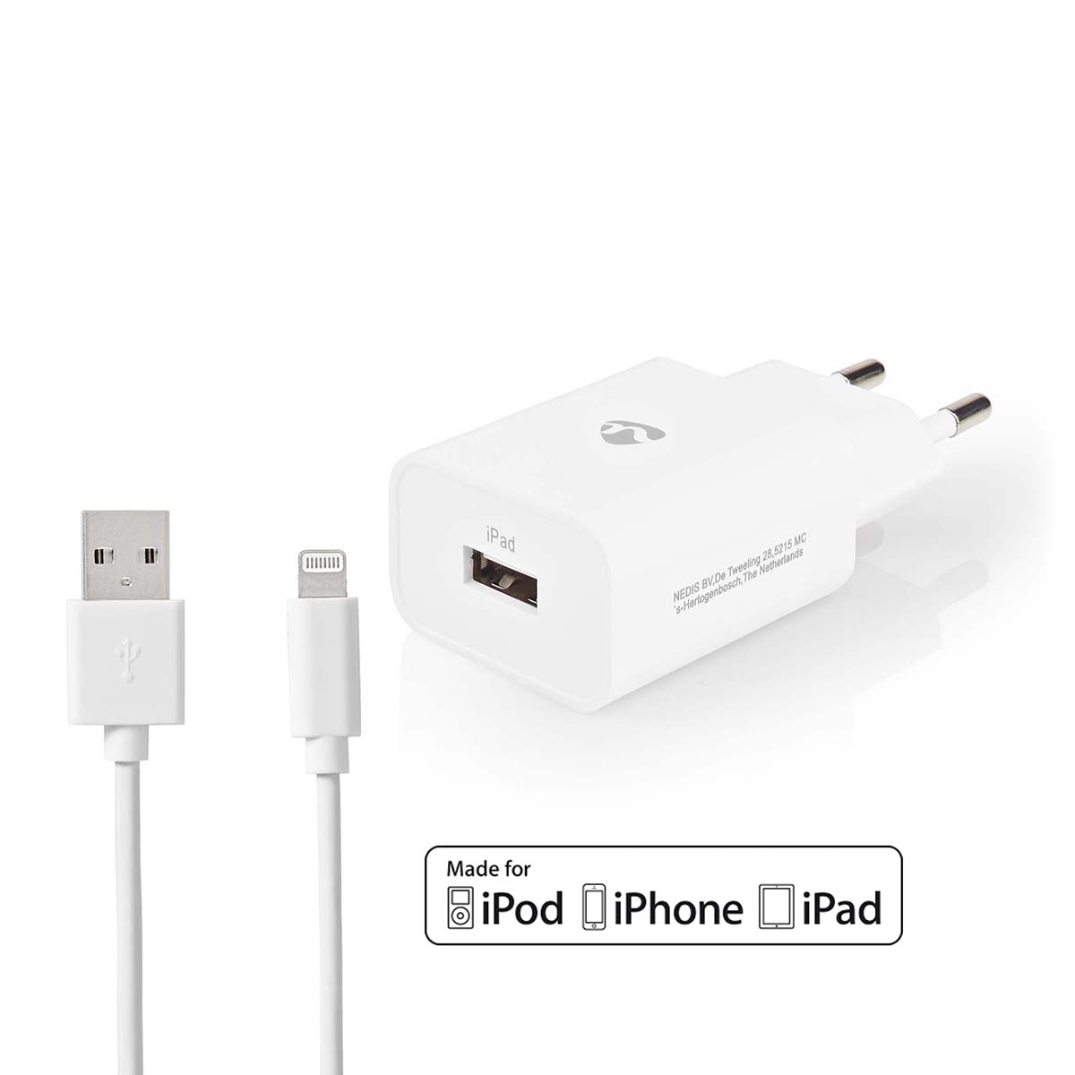 Nedis Netzladegerät 12 W 1x 2.4 A A - Anzahl der Ausgänge: 1, USB-A, Lightning 8-Pin (Lose) Kabel, Single Voltage Output
