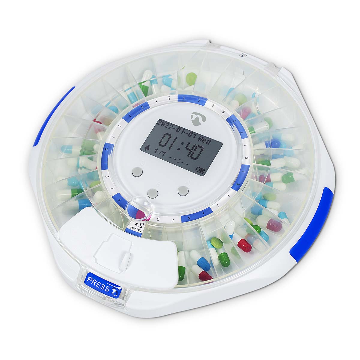 Nedis Smart Tablettenspender Wi-Fi | 28 Fächer | Anzahl der Alarmzeiten: 9 Weckzeiten pro Tag | Licht / Piep / Stimme | LCD-Anzeige | Weiss