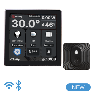 Shelly Wall Display Black + BLU H&T Black Ein smartes Bedienfeld mit integriertem 5-A-Schalter und Farbdisplay + Blu H&T