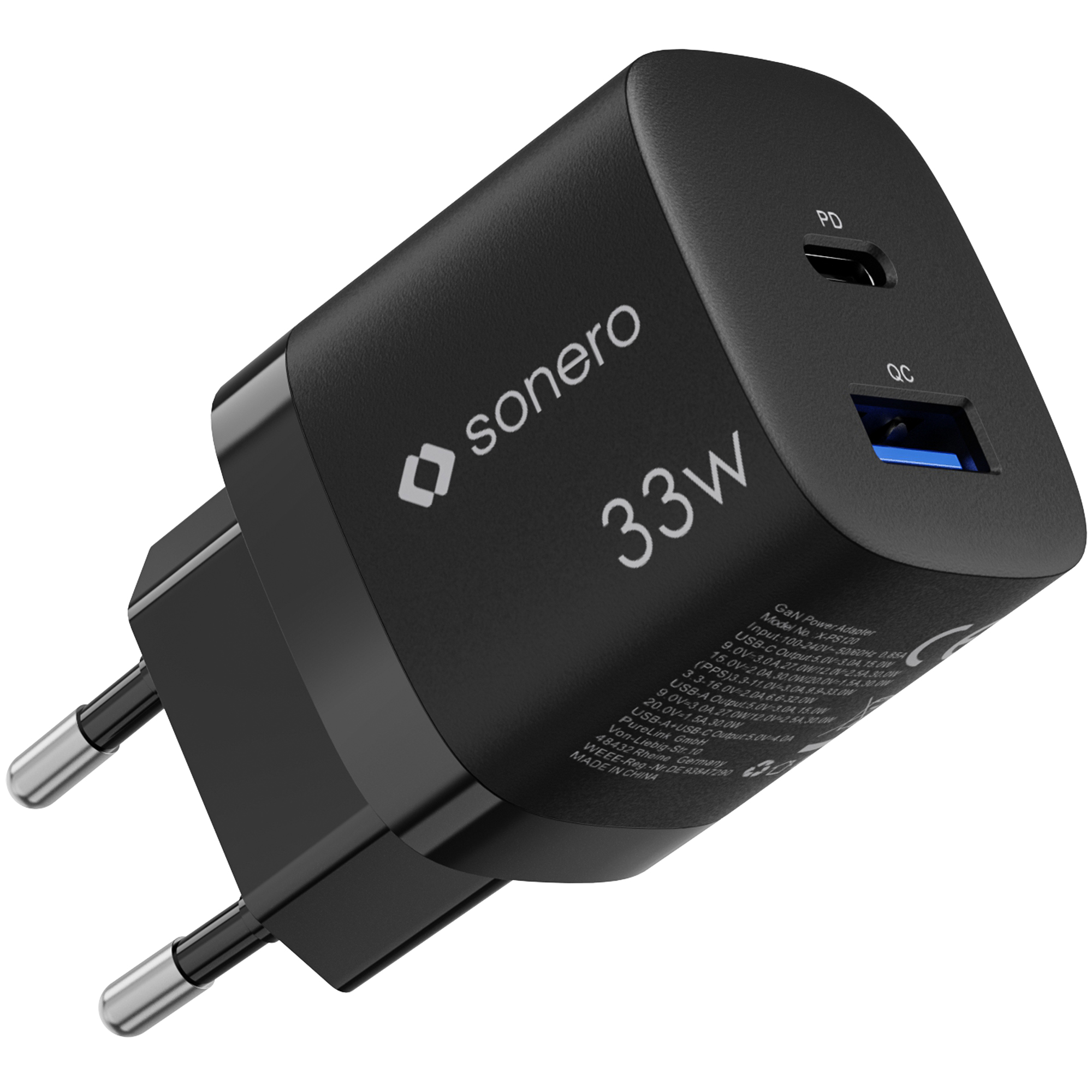 sonero USB-C & USB-A GaN Ladegerät - 2 Port - 33W PD - schwarz