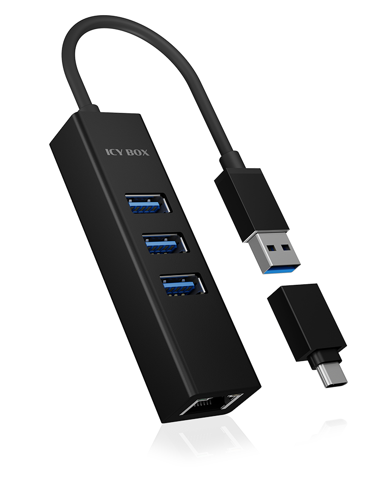 ICY BOX USB 3.2 Gen 1 Type-A+C zu 3x USB 3.2 Gen 1 & 1x Gigabit LAN, Aluminium, schwarz