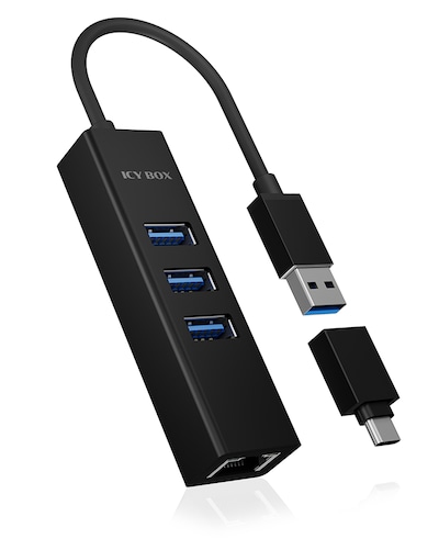 ICY BOX USB 3.2 Gen 1 Type-A+C zu 3x USB 3.2 Gen 1 & 1x Gigabit LAN, Aluminium, schwarz