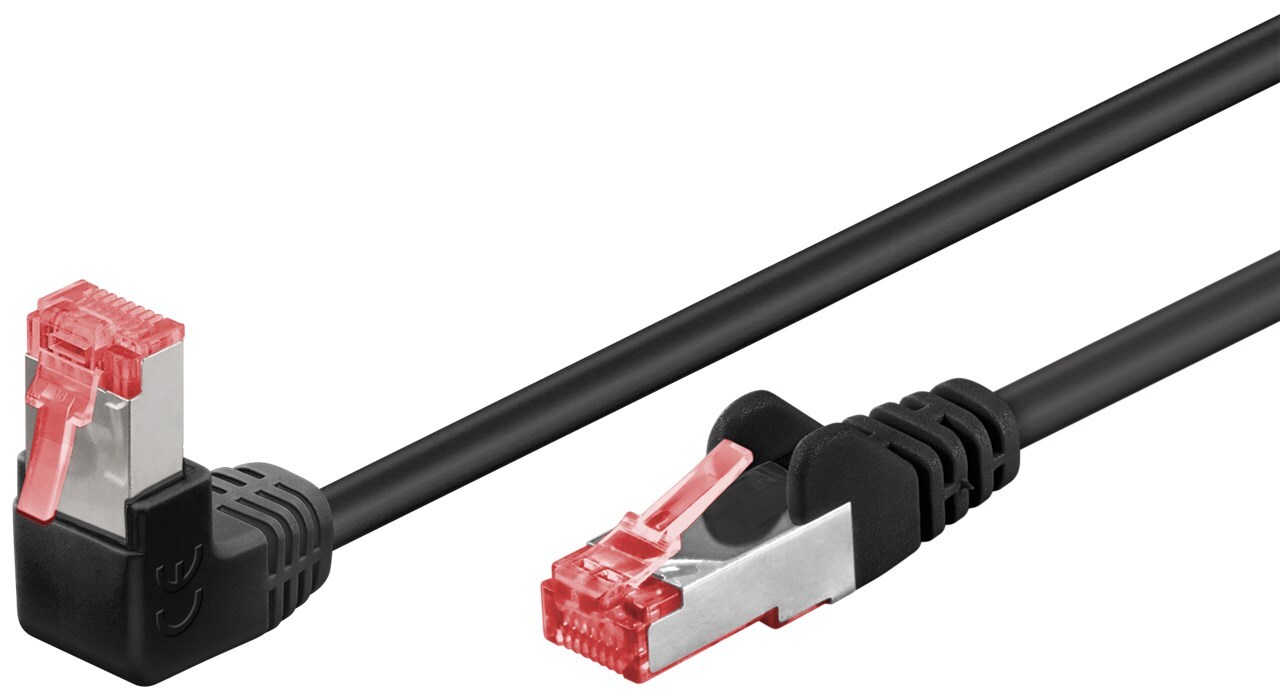 Goobay CAT 6 Patchkabel 1x 90° gewinkelt, S/FTP (PiMF), Schwarz, 1m
