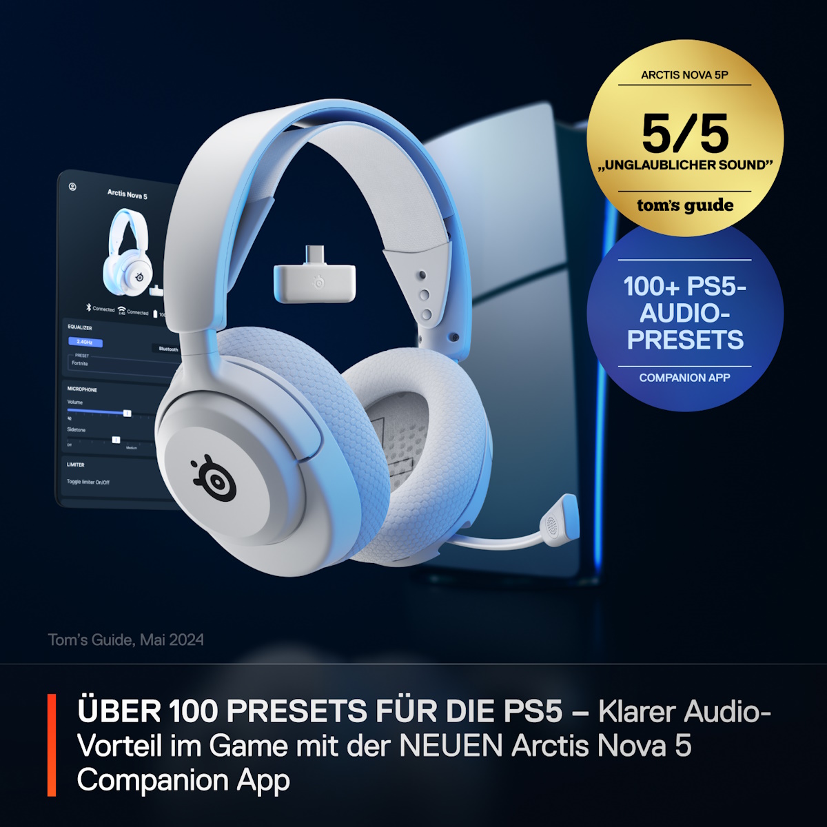 SteelSeries Arctis Nova 5P White kabelloses Gaming Headset für PC, Switch, PlayStation und Mobilgeräte, ClearCast 2.X Mikrofon, 60 Stunden Akkulaufzei