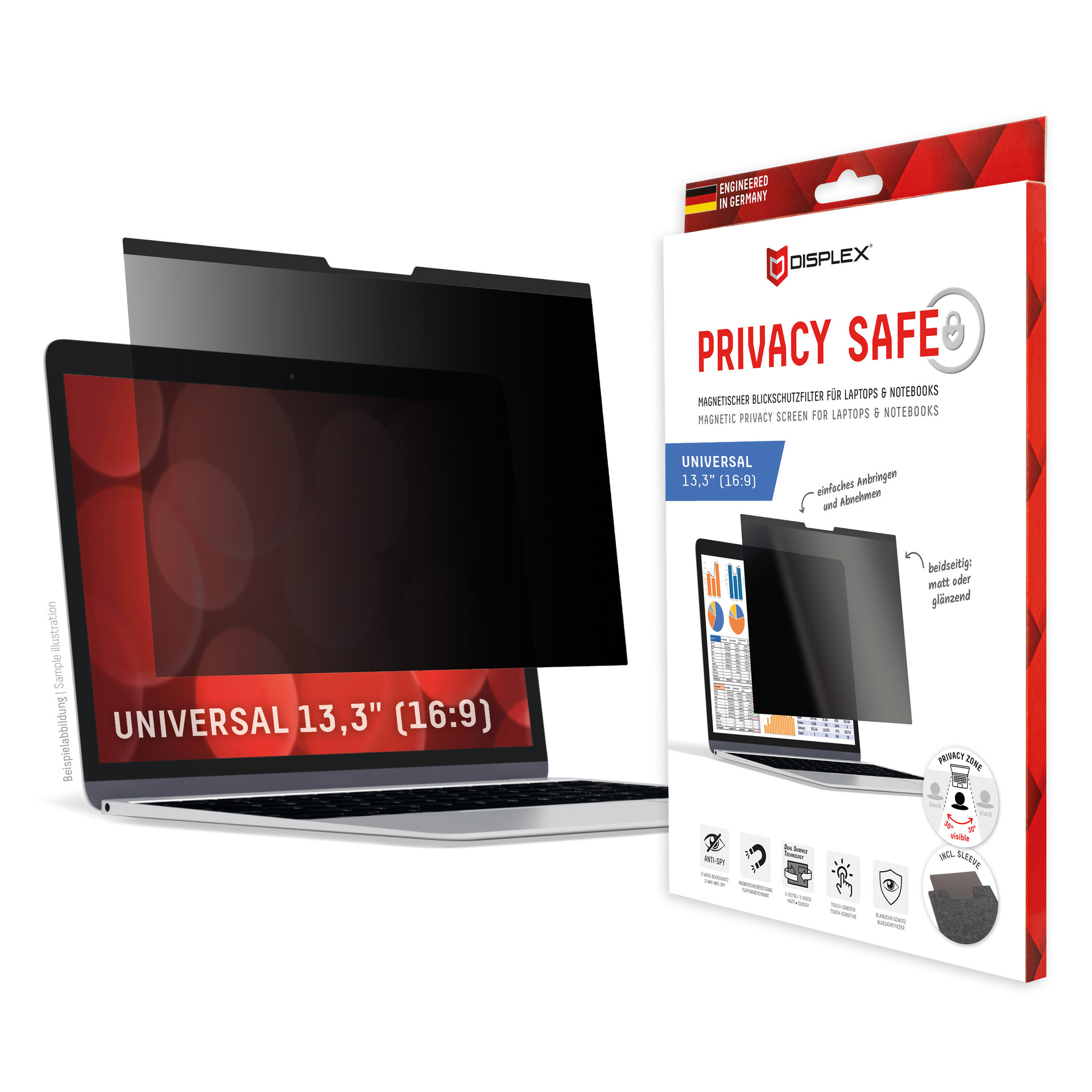 DISPLEX Privacy Safe Blickschutzfilter Universal 13,3", 16:9, Anti-Reflex, Bluelight-Filter, Magnetische Befestigung