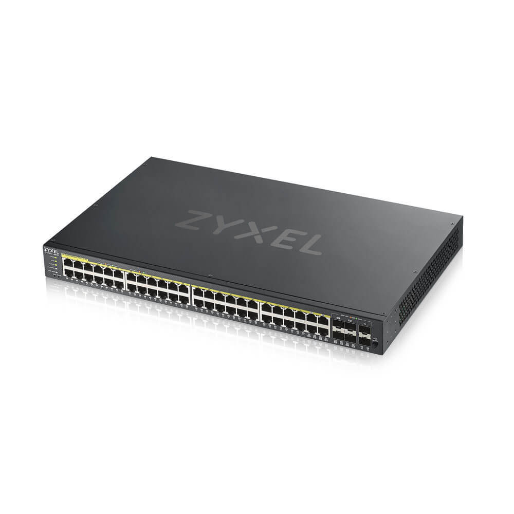 Zyxel GS1920-48HP V2 Smart Managed Switch 44x Gigabit Ethernet und 4x GbE/SFP Combo (48x PoE+, max. 375 Watt), 2x 10 Gbi...