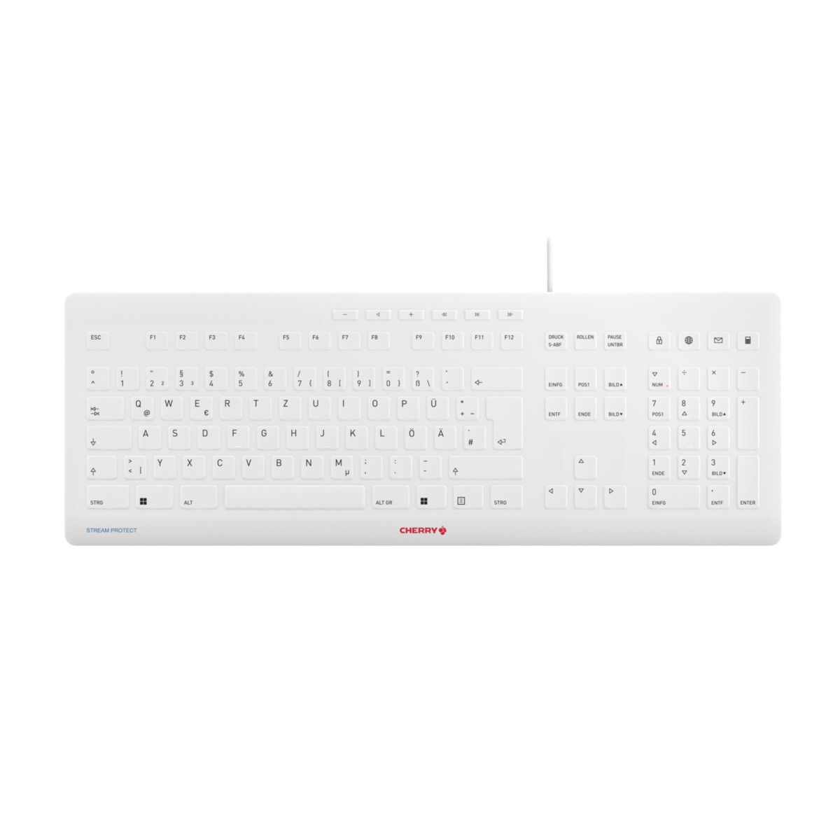 CHERRY Stream Protect Keyboard weiß, USB, DE - inkl. Membran, Schutzmembran (Silikon), spritzwassergeschützt, 10 Multimediatasten