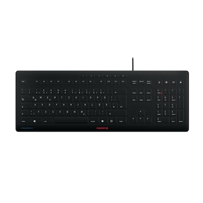 CHERRY Stream Protect Keyboard schwarz, USB, DE - inkl. Membran, Schutzmembran (Silikon), spritzwassergeschützt, 10 Multimediatasten