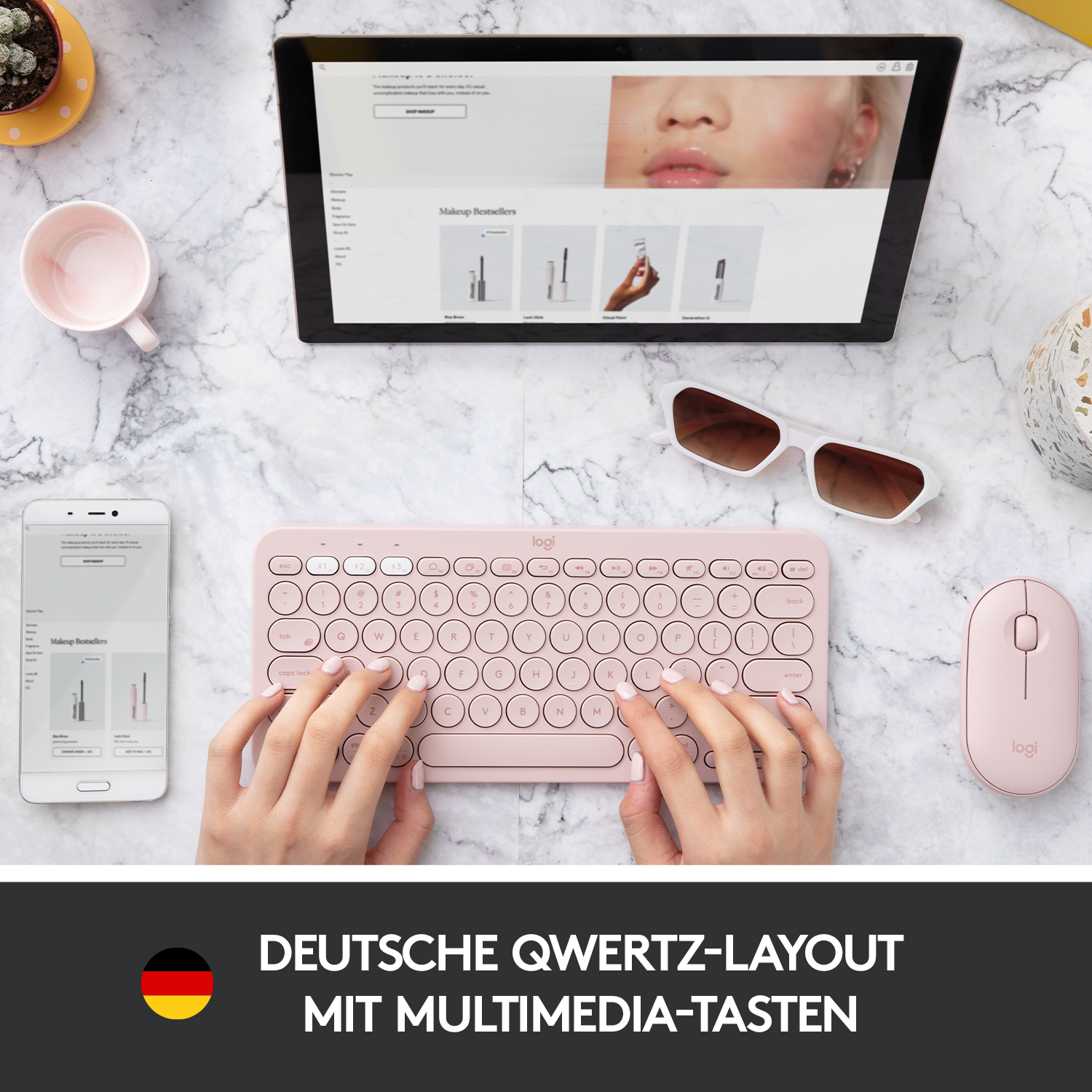 Logitech K380 Multi-Device Bluetooth Tastatur, für bis zu 3 Geräte gleichzeitig, 2 Jahre Batterielaufzeit, Rose Tastaturen Produkt Bild 2