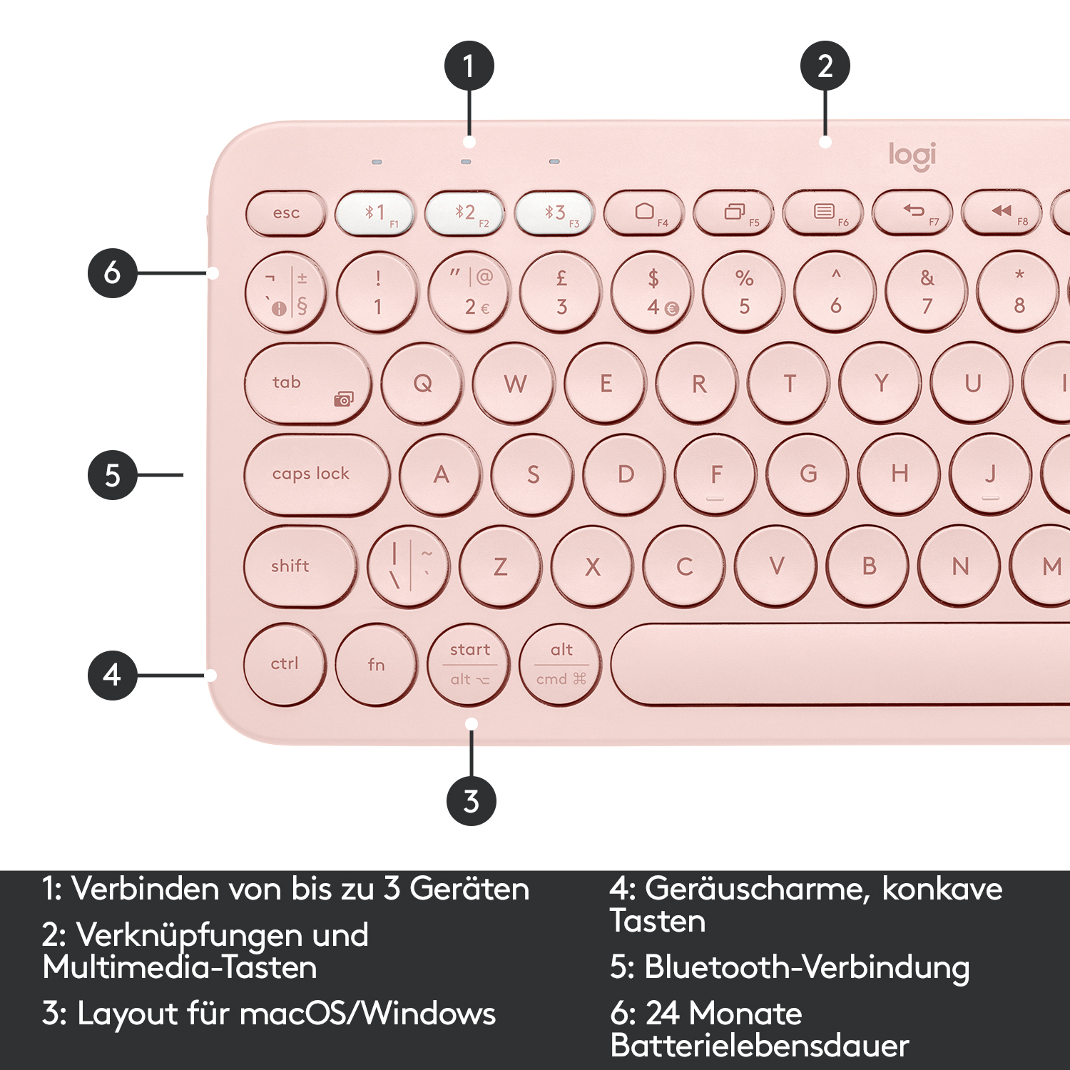 Logitech K380 Multi-Device Bluetooth Tastatur, für bis zu 3 Geräte gleichzeitig, 2 Jahre Batterielaufzeit, Rose Tastaturen Produkt Bild 6