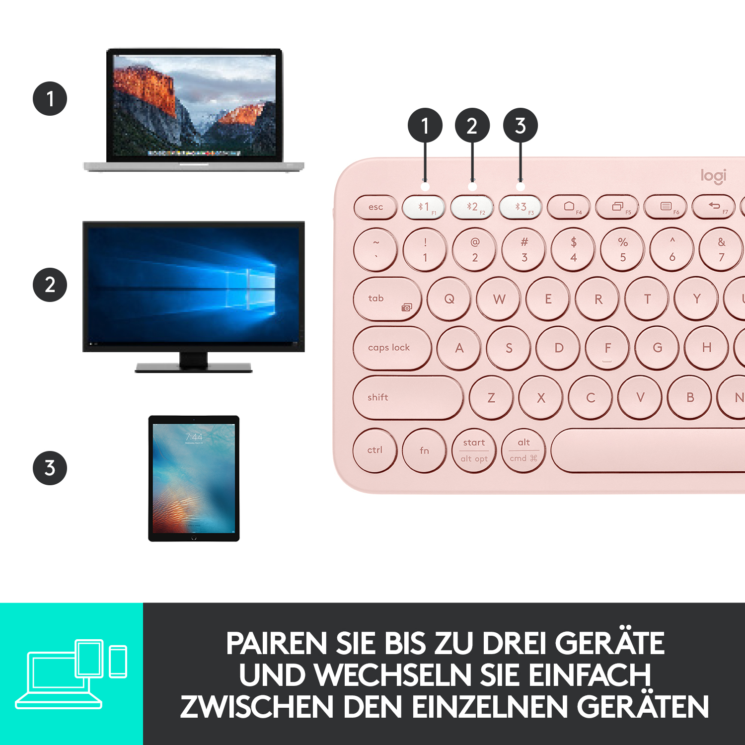 Logitech K380 Multi-Device Bluetooth Tastatur, für bis zu 3 Geräte gleichzeitig, 2 Jahre Batterielaufzeit, Rose Tastaturen Produkt Bild 7