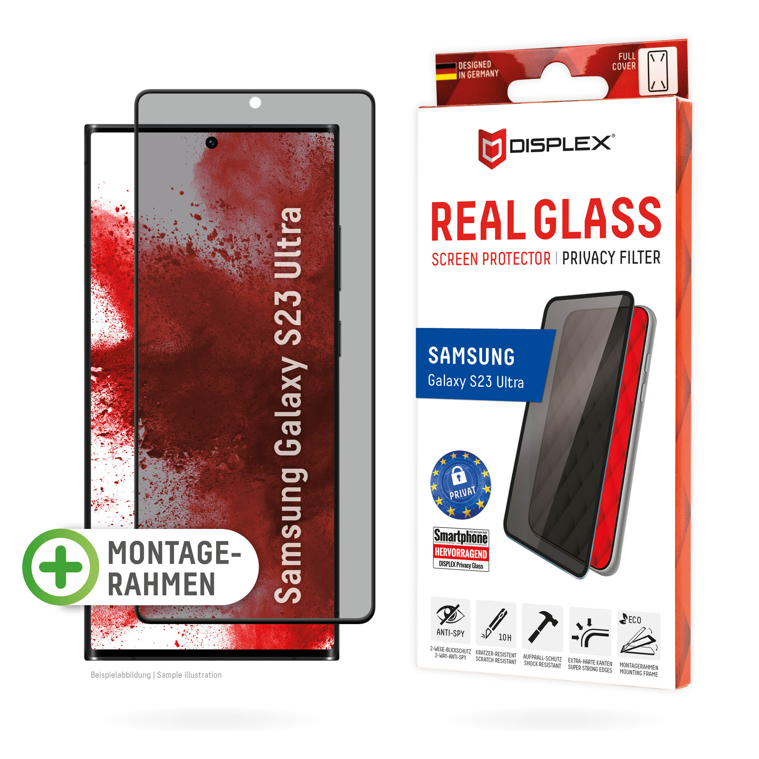 Thumbnail - DISPLEX Privacy Fullcover Panzerglas (10H) f. Samsung S23 Ultra, Eco-Montagerahmen, Privacy Filter, Tempered Glas, kratz...