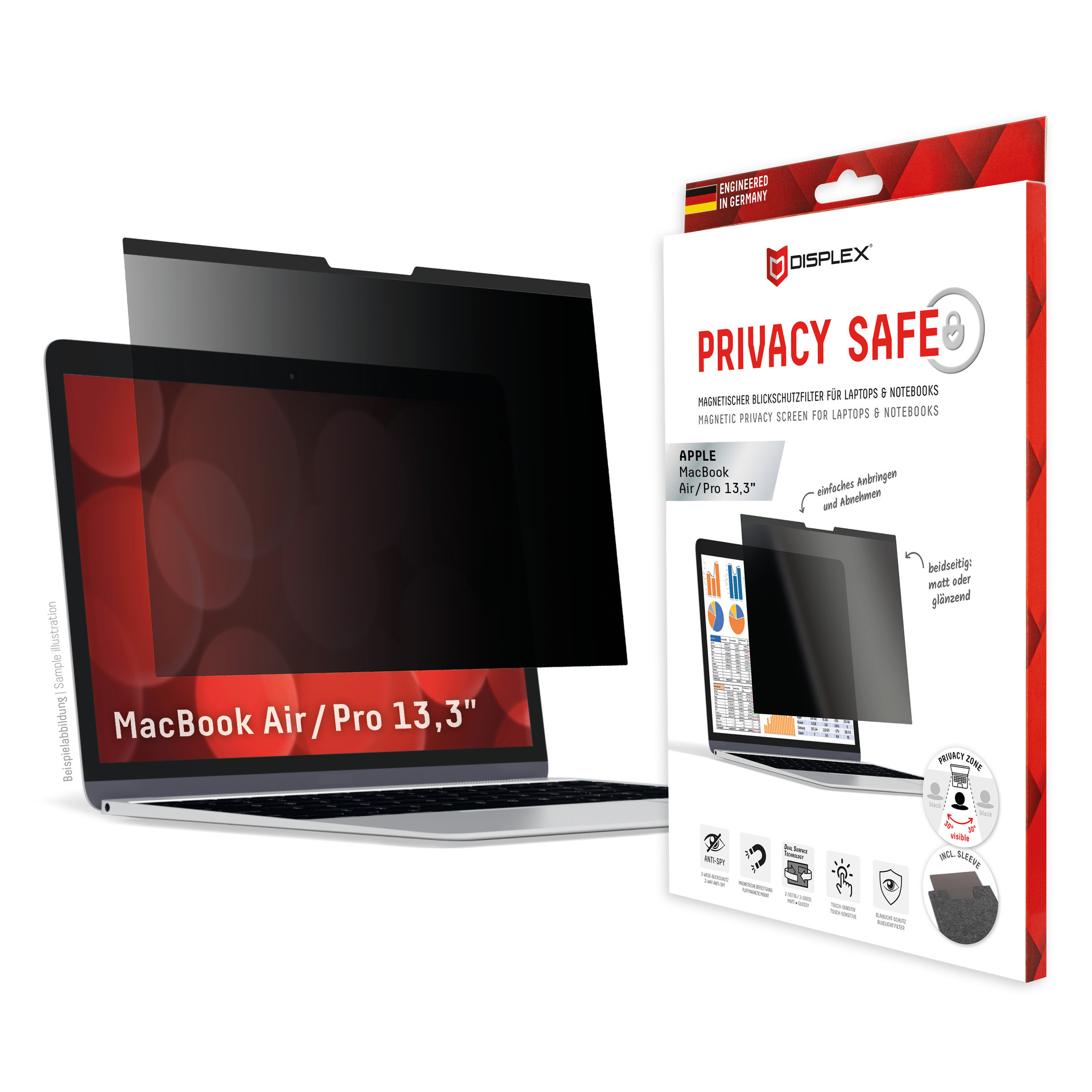 DISPLEX Privacy Safe Blickschutzfilter f. MacBook Air/Pro 13,3", Anti-Reflex, Bluelight-Filter, Magnetische Befestigung
