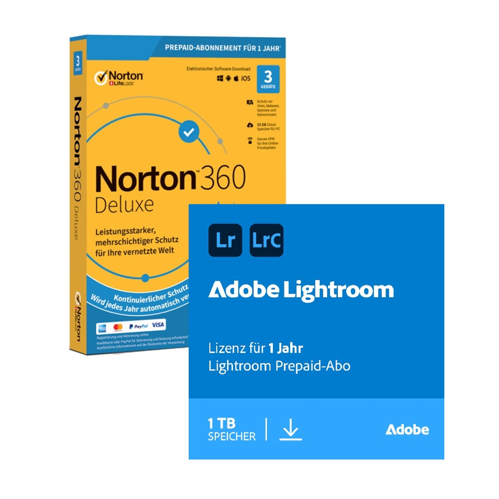 Adobe Lightroom | 1 Jahr | 1TB | PC/Mac inkl. Norton 360 Deluxe | 15 Monate | 5 Geräte