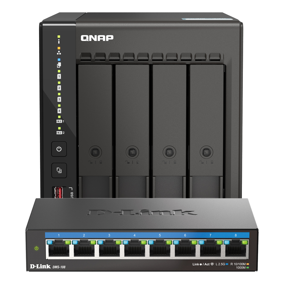 QNAP TS-453E-8G inkl. D-Link DMS-108 Bundle mit 4-Bay NAS und 8-Port Netzwerk-Switch
