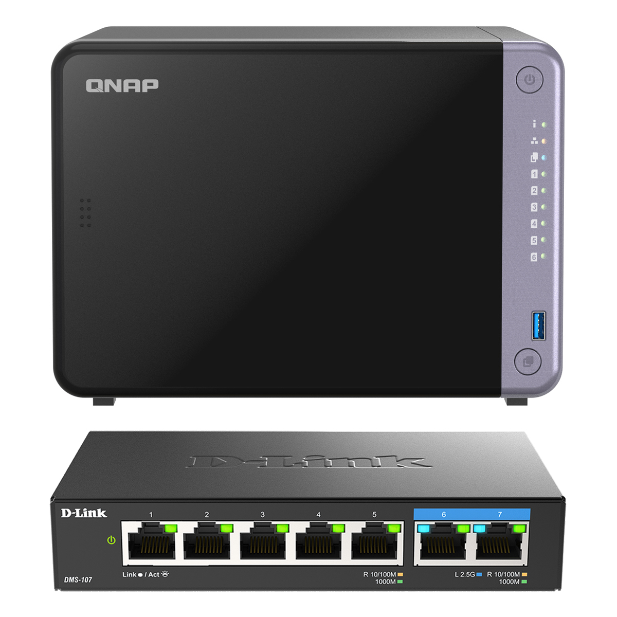 QNAP TS-632X-4G inkl. D-Link DMS-107 Bundle mit 6-Bay NAS und 7-Port Netzwerk-Switch