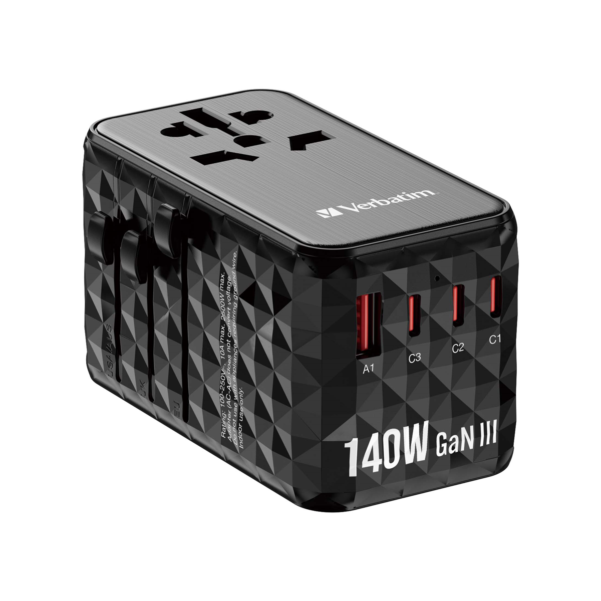 VERBATIM GAN III UNIVERSAL Reiseadapter UTA-10 mit 2 X USB-C PD 140W & QC 4+ / 2 X USB-A QC 3.00