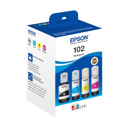 Epson 102 EcoTank-Tintenflaschen 4er-Pack 4x Farben Für Kompatibilität, siehe Artikel-Beschreibung | 4x Tintenflaschen: Schwarz, Magenta, Gelb & Cyan