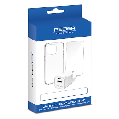 PEDEA All-in-One Set für das iPhone 14 Pro Max inkl. TPU Case, Schutzglas und 30 Watt Reiselader, transparent