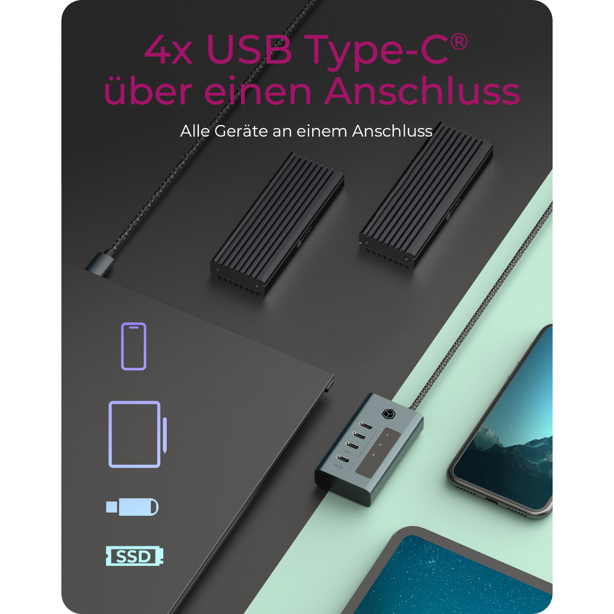 ICY BOX IB-HUB1454-C31 4-Port Hub mit USB 3.2 Gen 2 Type-C® Dockingstation Produkt Bild 2