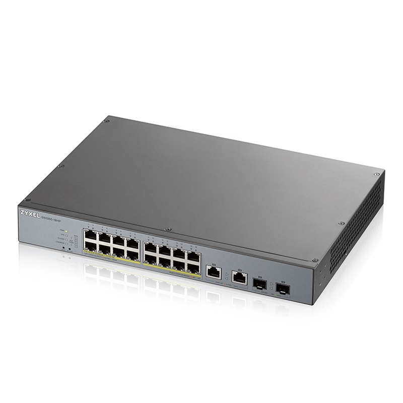 Zyxel GS1350-18HP Smart Managed Switch 16x Gigabit Ethernet (16x PoE+ max. 250 Watt), 2x GbE/SFP, Long Range, inkl. 1 Ja...
