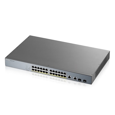 Zyxel GS1350-26HP Smart Managed Switch 24x Gigabit Ethernet (24x PoE+ max. 375 Watt), 2x GbE/SFP, Long Range, inkl. 1 Ja...